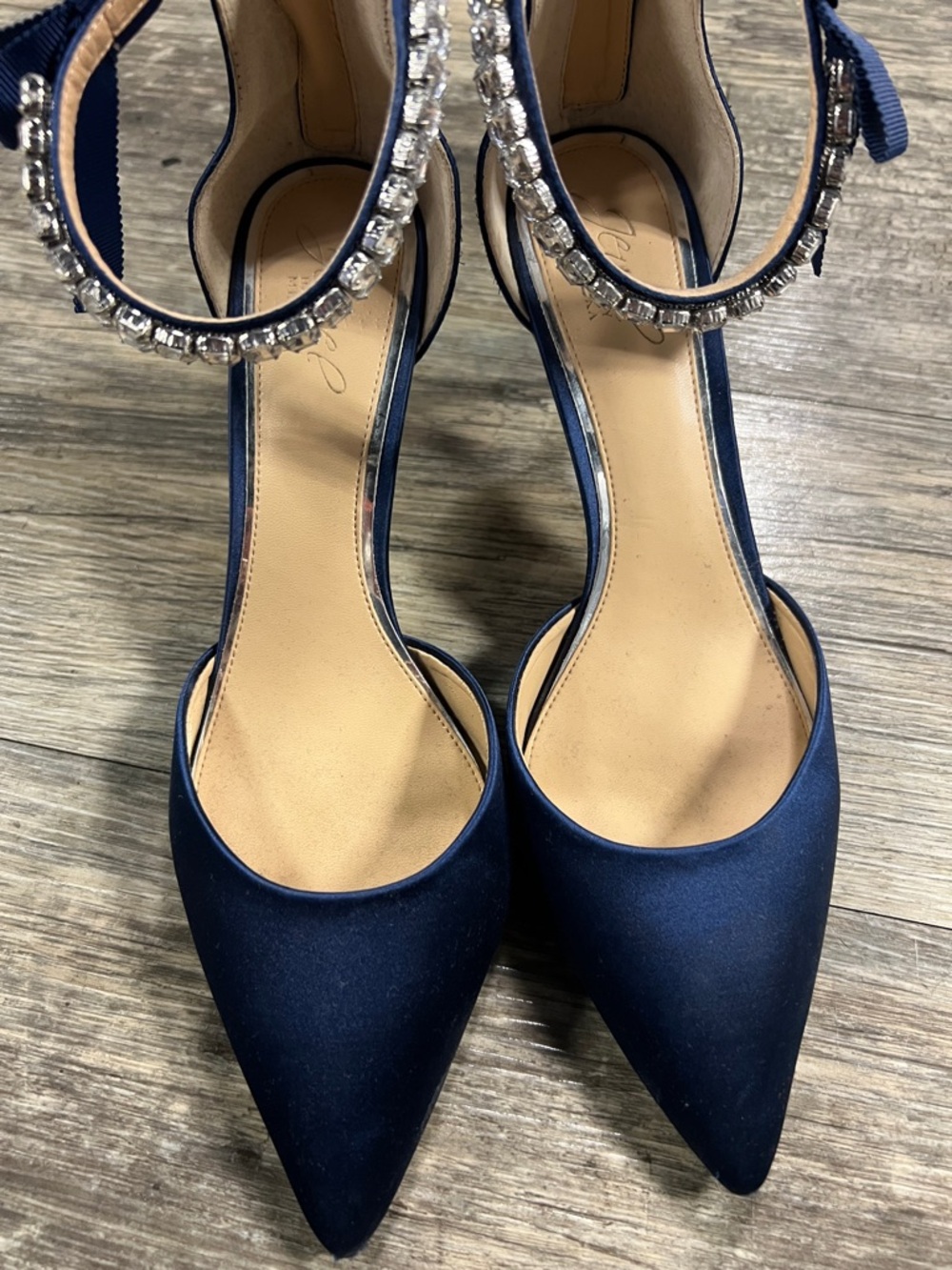JEWEL BADGLEY MISCHKA Navy Blue Satin Heels 9.5